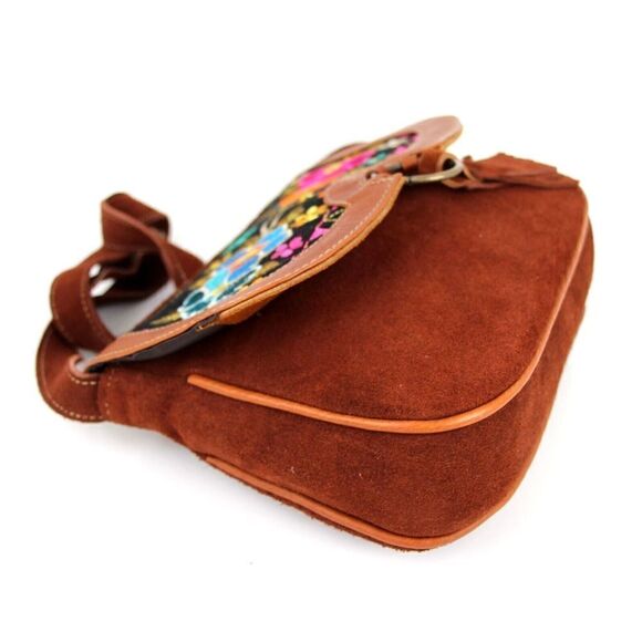 HANDCRAFTED BROWN GENUINE LEATHER SUEDE EMBROIDERY FLAP XBODY PURSE SHOULDER BAG - Picture 8 of 16